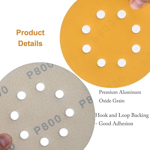 5-Inch 8-Hole Hook and Loop Sanding Discs 800-Grit Random Orbit Sandpaper, 50-Pack