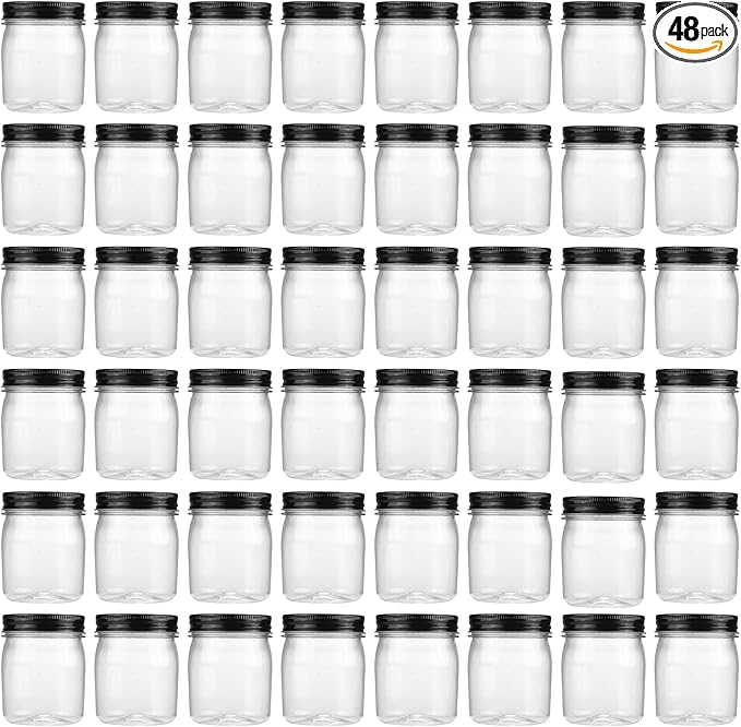 novelinks 8 oz Clear Plastic Jars with Screw-On Lids - BPA-Free Refillable Storage Containers for Slime, Spices, Crafts, Kitchen & Home Organization (48 Pack,Black)