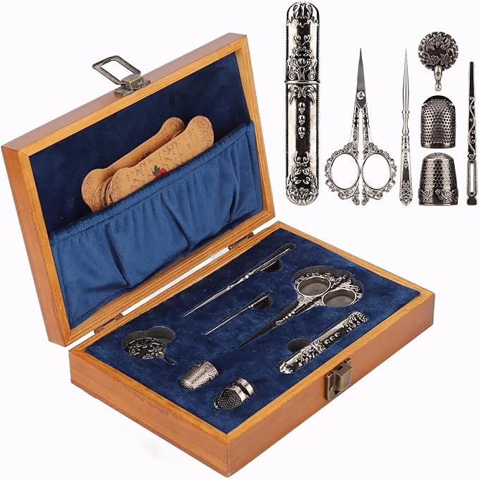 Vintage Embroidery Scissors Set, Comfortable Handle, Stainless Steel, Antique Design, Complete Sewing Kit for Embroidery, Needlework, with Thimble, Threader, and Needle Case