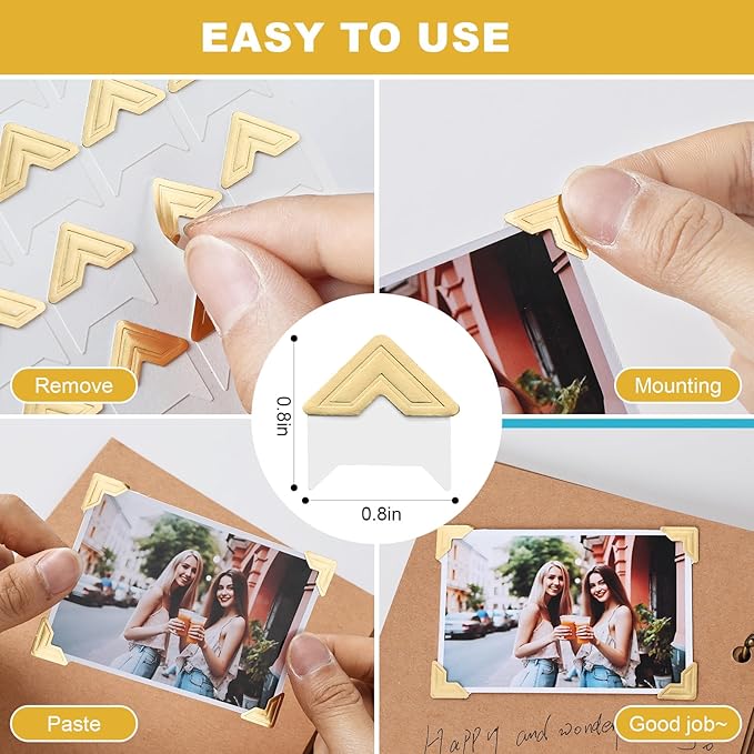360 Pcs Photo Corners for Scrapbooking, Gold Photo Corner Stickers, Acid Free Picture Corners Self-Adhesive for Scrapbooking, Photo Corners for DIY Scrapbook, Photo Album, Memory Books, Diary