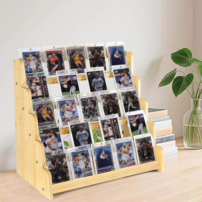 5-Tier Bamboo Trading Card Display Case,35 pt Baseball Card Collection Stand, Sports Card Storage Holder,Card Game Collection (Burlywood)