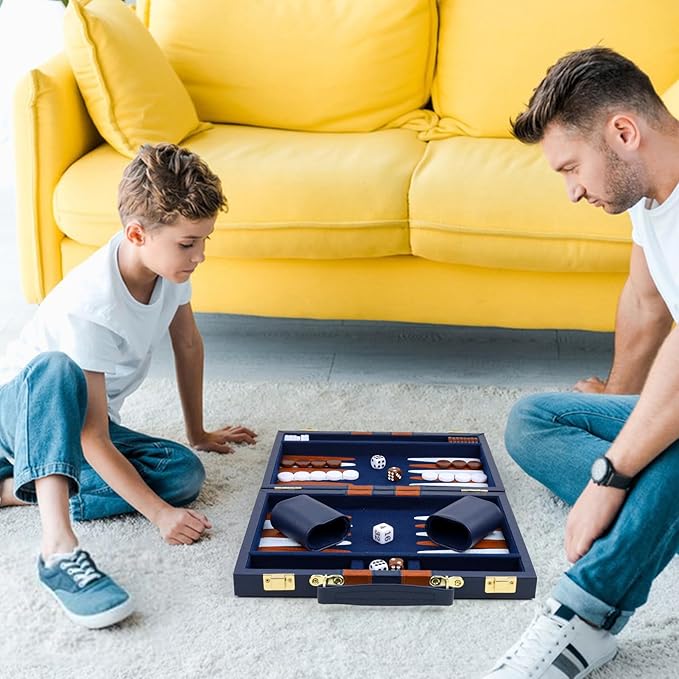 Backgammon Set 2 Players Classic Backgammon Sets for Adults Board Game with PU Leather Case Portable and Travel Backgammon Set (Navy, 15inch)