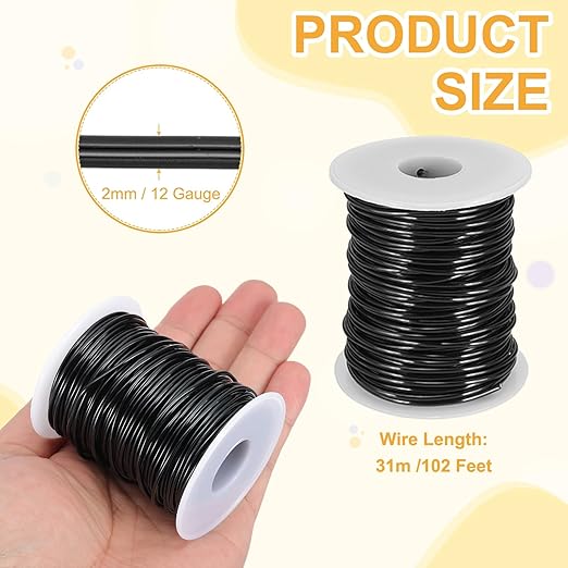 uxcell 12 Gauge / 2mm Anodized Aluminum Wire for Jewelry Craft Making, 102 Feet Bendable Flexible Wire for DIY Home Decor Gardening Sculpture, Black