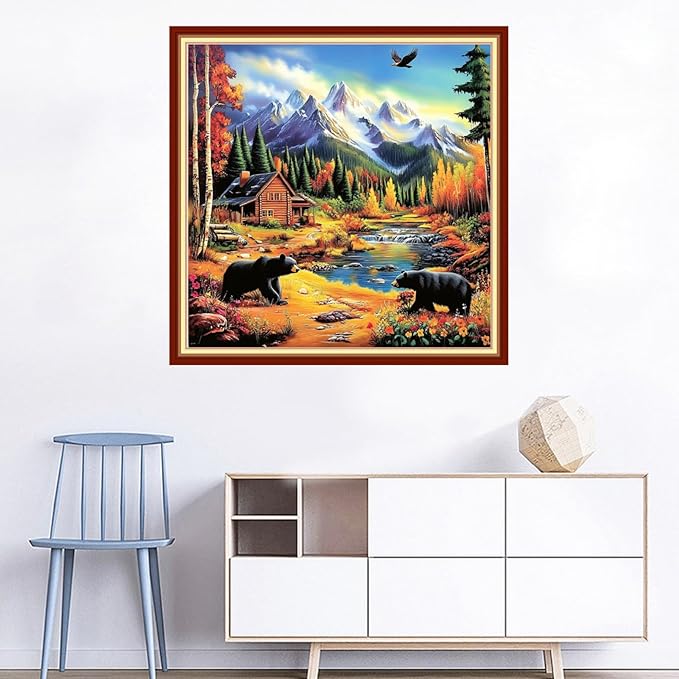 Joyhoor Cross Stitch Kits for Beginners Stamped Cross-Stitch Supplies Needlework preprint Embroidery Kits for Adults DIY Needlepoint Kits Embroidery Patterns 11CT-Outdoor Black Bear 18x18 inchs