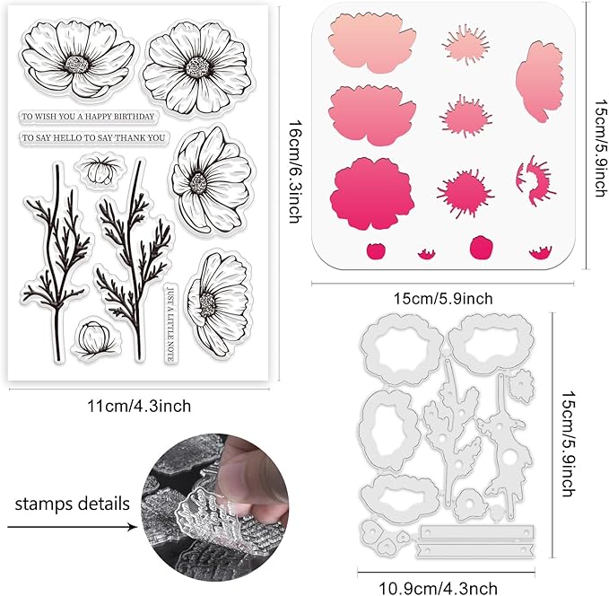 ORIGACH Realistic Cosmos Flower Layering Stencils Set for Card Making, Coreopsis Flower Stencil Template Silicone Stamps and Die Sets for Scrapbooking DIY Crafting