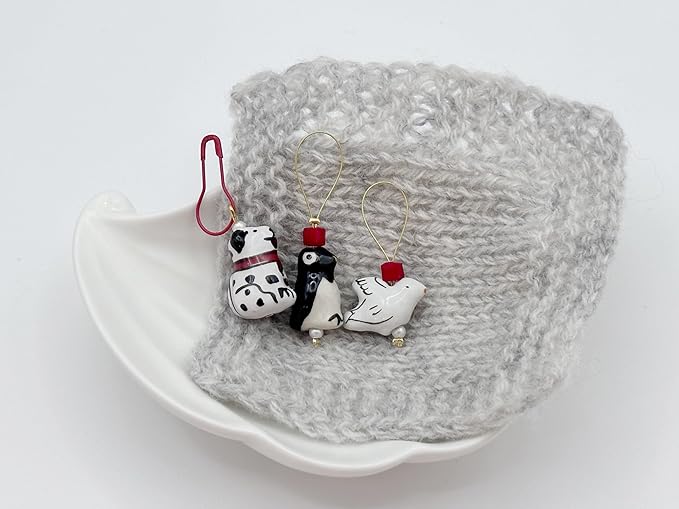 Wander wolly Handmade Animal Stitch Markers for Knitting, Three Pieces in Storage Case, One Dove, One Penguin, and One Dalmatian