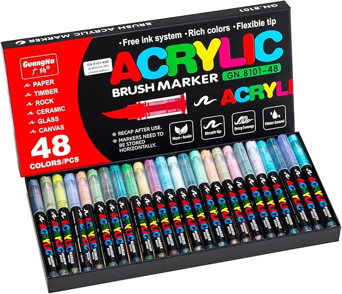 Acrylic Paint Markers Pens, 48 Vivid Colors Acrylic Markers Set,Direct Liquid Type, Stackable Color, Odorless Soft Head，Markers for School，Tooli Art ，Fabric & Creative Crafts (48)