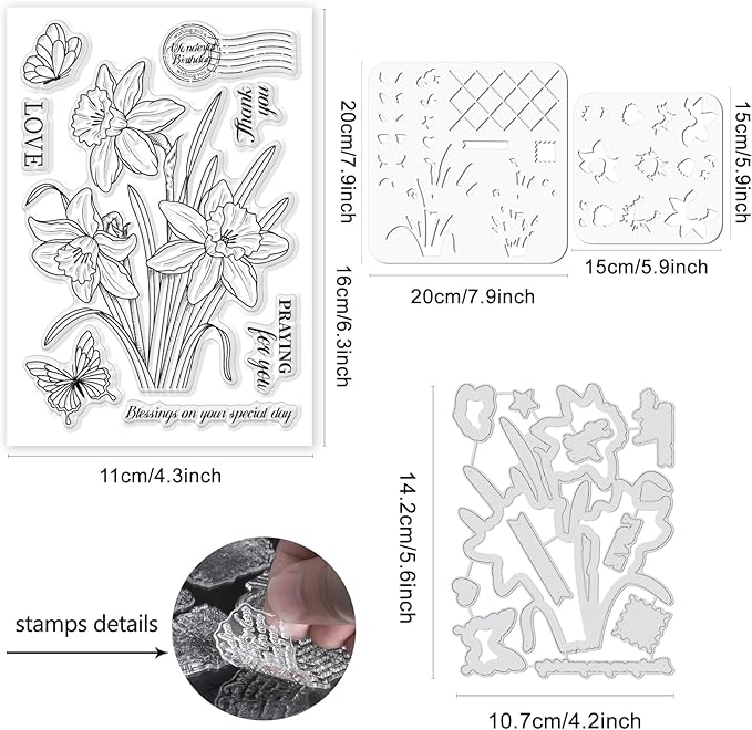 ORIGACH Realistic Daffodil Flower Stamps and Dies and Layering Coloring Stencil Set, Silicone Stamps Metal Die Cut and Flower Stencil Template for Card Making Scrapbooking DIY Crafting