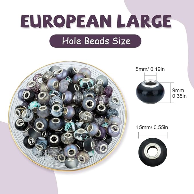 LAIDANLA Black Mix Large Hole Beads, 100pcs 14mm Round Resin, Plastic, Acrylic Loose Beads for Jewelry Making, Crafts & Decoration
