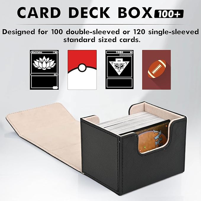ZLCA Card Deck Box for Trading Cards, MTG Commander Deck Box Holds 120+ Single Sleeved, Leather Magnetic Card Storage Case Fits for TCG CCG Magic (Black& Gold)