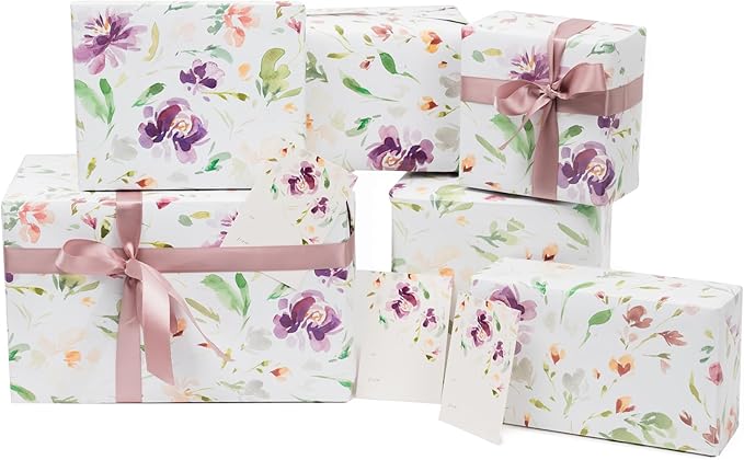 Itsy Belle Studio Floral Wedding Wrapping Paper + Ribbon Set with Tags - White gift wrap, fall Flower flat Sheets, Boho Bridal Shower Wrap