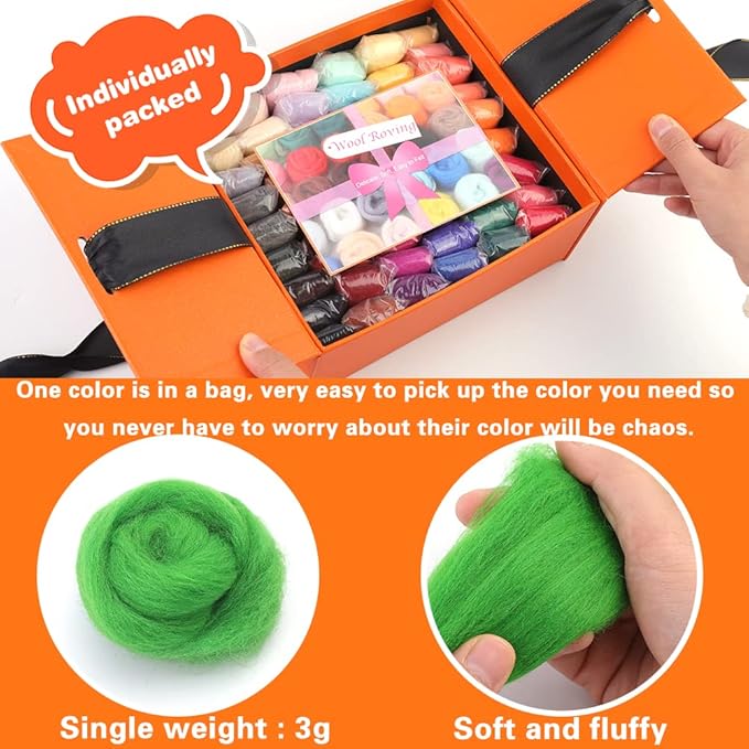 Mayboos 54 Colors Fiber Wool Yarn, 5.71oz Wool Roving for Needle Felting Wool DIY Hand Spinning, 3g/Color