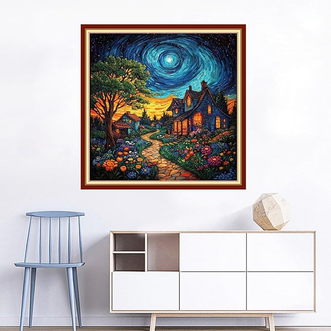 Joyhoor Cross Stitch Kits for Beginners Stamped Cross-Stitch Supplies Needlework preprint Embroidery Kits for Adults DIY Needlepoint Kits Embroidery Patterns 11CT-Starry Night Home 18x18 inchs