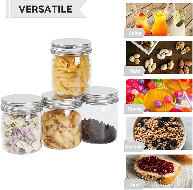 novelinks 8 oz Clear Plastic Jars with Screw-On Lids - BPA-Free Refillable Storage Containers for Slime, Spices, Crafts, Kitchen & Home Organization (8 Pack,Silver)