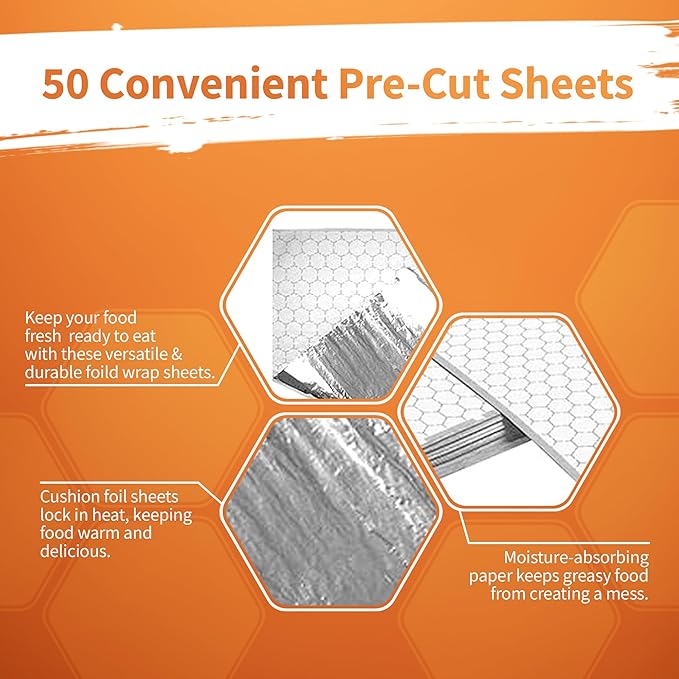 Insulation Sandwich Wrapping Paper Aluminum Foil Sheets - [50 Pack] - (14" x 10.3") - Aluminum Foil Sandwich Wrap Sheets For Sandwich Wraps, Burritos and BBQ