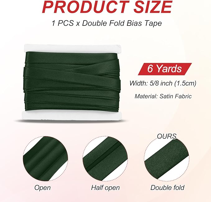 MECCANIXITY Double Fold Bias Tape for Sewing 5/8 Inch x 6 Yards Satin Pre-fold Continuous Binding Tape for Seaming Quilting Hemming Binding DIY Crafts, Deep Green
