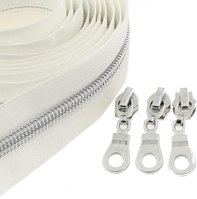 Leekayer #5 Silver Metallic Nylon Coil Zippers by The Yard Bulk 10 Yards White Tape with 25pcs Silver Sliders for DIY Sewing Tailor Craft Bag(White)