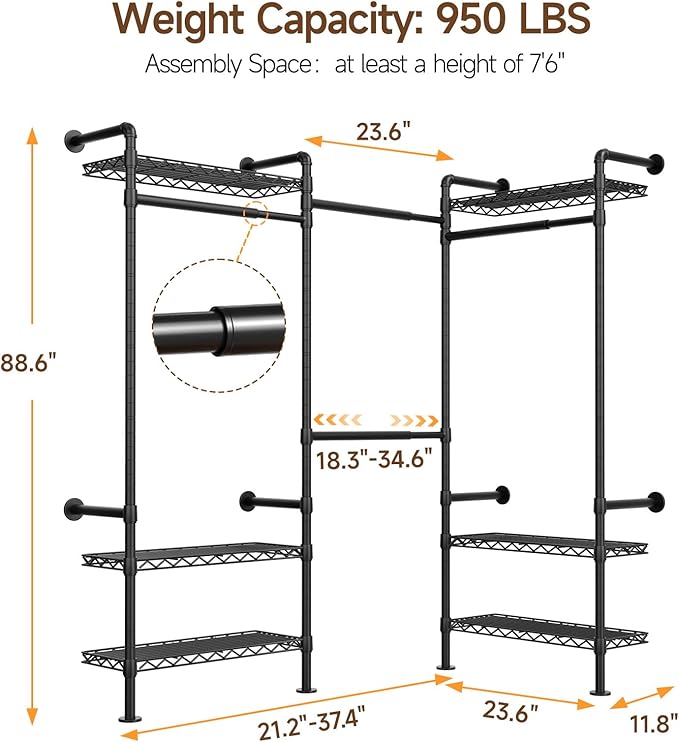 L3 Industrial Pipe Closet Organizer System, Wall Mounted Clothes Rack Clothing Racks with 4 Telescopic Rods & 6 Shelves , Heavy Duty Closet System in Wardrobe Closet (Black)
