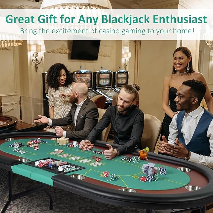 Upgrade 84" Folding Poker Table, 10 Players Oval Card Table with Stainless Steel Cup Holders and Padded Rails, Casino Leisure Felt Surface Texas Hold 'em Poker Table, Green