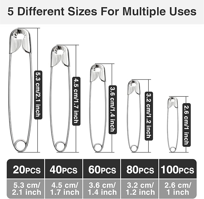 Silver Safety Pins 300 PCS, 5 Assorted Sizes of Durable, Small and Large Safety Pins Bulk, Sharp Edge Pins for Clothes, Sewing, Arts & Craft