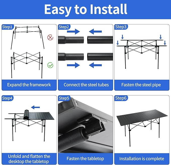 Camping Table 4Ft Folding Table Folding Picnic Aluminum Roll up Camp for Outdoor Beach Grill BBQ Travel Black