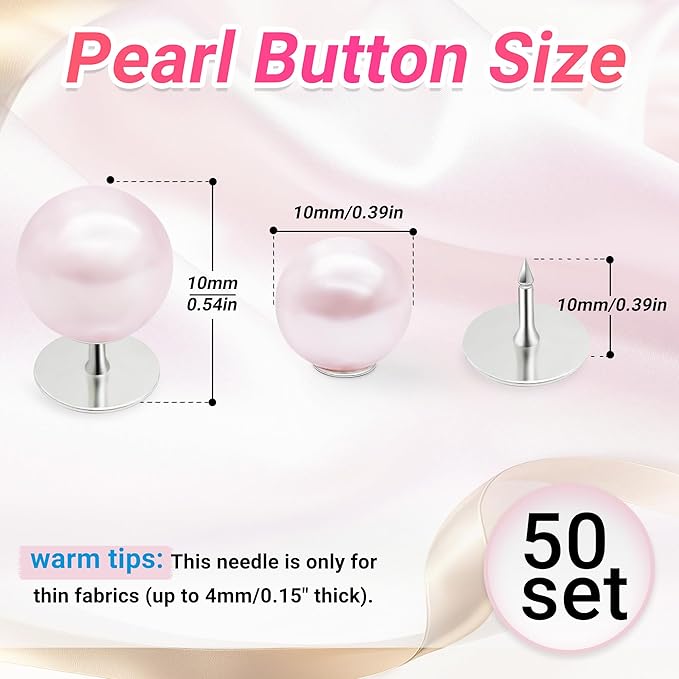 50 Sets Pearl Buttons No Sew Buttons for Clothes, 10mm Pearl Brooch Pins Reusable for Women, Pink Safety Pins for Dresses, Shirts, DIY Crafts, Fashion Decorative Accessories