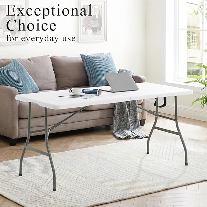 Folding Tables with Carrying Handle Heavy Duty Rectangular Portable Plastic Camping Table Steel Legs for Party, Dining, Wedding, Events, Picnic Indoor, Outdoor (8FT, White)