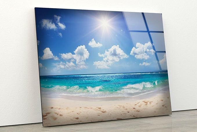 My Photostation.com 60WX40H'' Summer Beach Landscape Glass Wall ArtTempered Glass Printing Wall Decor Large Wall Art Wall Hangings