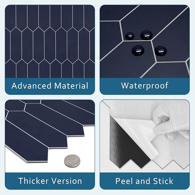 SUNWINGS Backsplash Tile for Kitchen Peel and Stick, Stone Composite Self Adhesive Tiles Long Hexagon Mosaic Wall Tile for Kitchen, 12 Inch x 11.22 Inch 10 Sheets Navy Blue