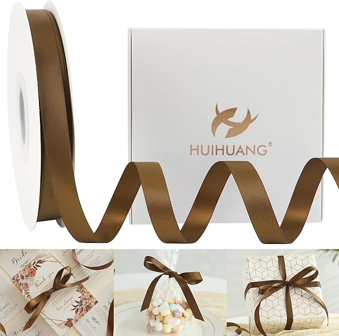 HUIHUANG Brown Satin Ribbon 1/2 inch Continuous 50 Yards Double-Faced Satin Ribbon for Gift Wrapping, Bows, DIY Crafts, Flower Bouquet, Wedding Decor, Holiday Decor