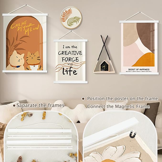 Artmag Magnetic Poster Hanger Frame, 24x36 24x32 24x18 Light Wood Wooden Magnet Canvas Artwork Print Poster Hangers Frames Hanging Kit (White, 24")