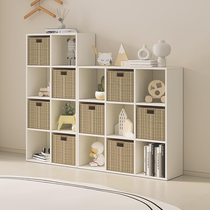 Wood Cube Storage Organizer Closet Cabinet for Living Room Bedroom Study Shelf Bookcase Wooden Floor Standing Open Bookshelf for Kids Home Office Display Storage Cabinet (White, 8-Cube, 11.81in)