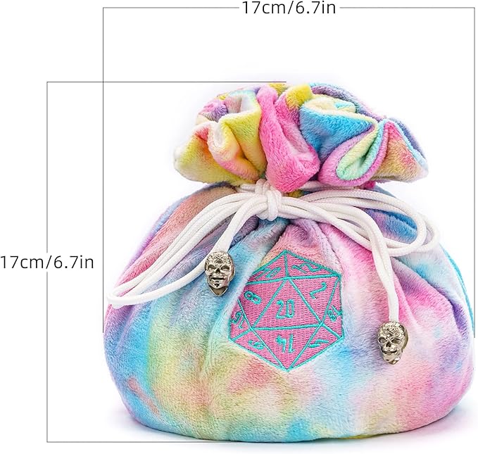 DND Dice Bags Large with Pockets Rainbow Storage Bag with D20 Logo for RPG Game Dices - Capacity 200+ Dice