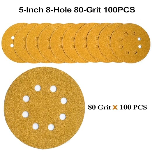 5-Inch 8-Hole Hook and Loop Sanding Discs 80-Grit Random Orbit Sandpaper, 100-Pack