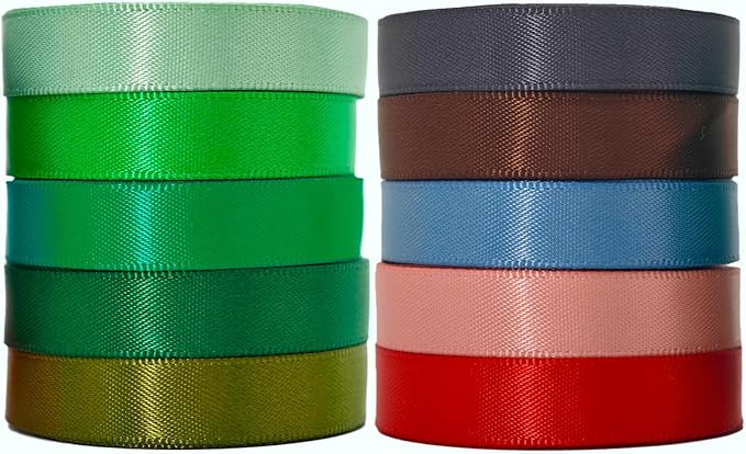 3/8 Inch Assorted Satin Ribbon Set, 50 Yards Double Faced Pack, Into The Forest 10 Colored Green Ribbon Bulk for Gift Wrapping, Crafts, Flower Bouquet, Eco Environment, Earthy Day, Forest Wedding