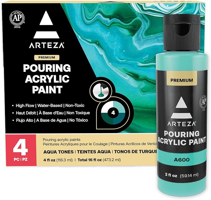 ARTEZA Acrylic Pouring Paint Set of 4 Colors, 4 ounce Bottles, Aqua Tones, High-Flow Acrylic Paint, Pouring Art Supplies Canvas, Glass, Paper, Wood