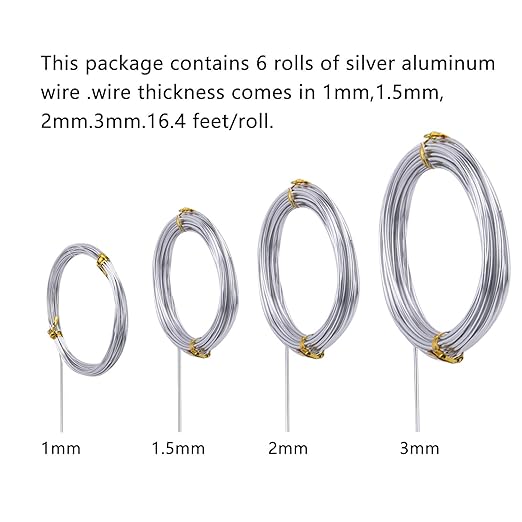 6 Rolls Silvery DIY Craft Art Aluminum Wire, 1mm, 1.5mm, 2mm, 3mm in Diameter