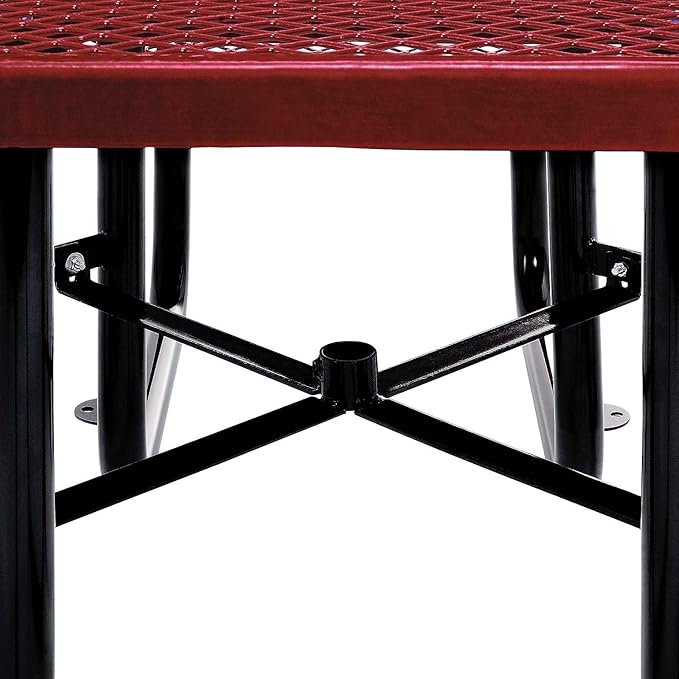 Global Industrial 46" Square Picnic Table, Expanded Metal, Red Thermoplastic Coating, Attached Benches, 1-1/2” Umbrella Pole Hole, Outdoor-Rated, 1000 lb Capacity