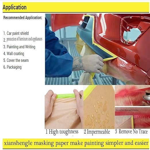 Paint Masking Paper with Adhesive,20 inch x 50 Feet Painters Paper Roll, Tape and Drape Painters Paper, for Auto Body Masking, Wall Covering and Paint Masking (3Rolls)