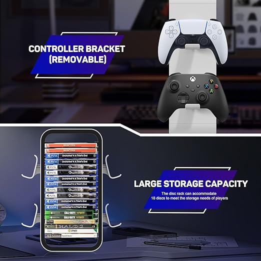wigmoa OYO-1【15.8INCH】 game Storage Tower Compatible with PS5/ Xbox Series S & X/Switch, Universal Video Games Discs Organizers 18 PCS with 4 Controllers Holder, Game Disk Box Stand.(White/Black)