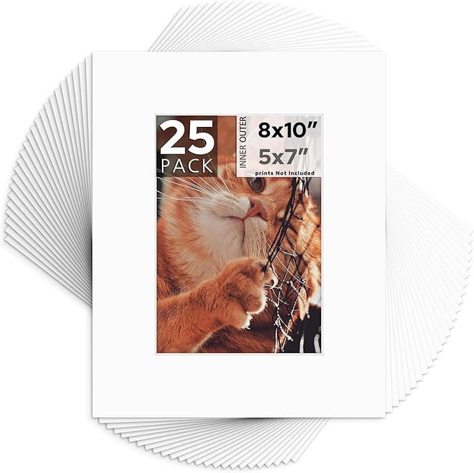 Mat Board Center, Pack of 25, 8x10 for 5x7 White Mats - Acid Free, 4-ply Thickness, White Core - for Pictures, Photos, Framing