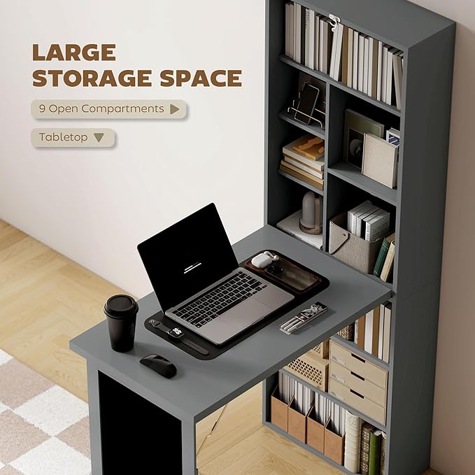 HOMCOM Fold-Out Convertible Writing Table, Wall Mount Desk Cabinet with Blackboard and Side Shelf Multi-Function Home Office Workstation, Charcoal Gray