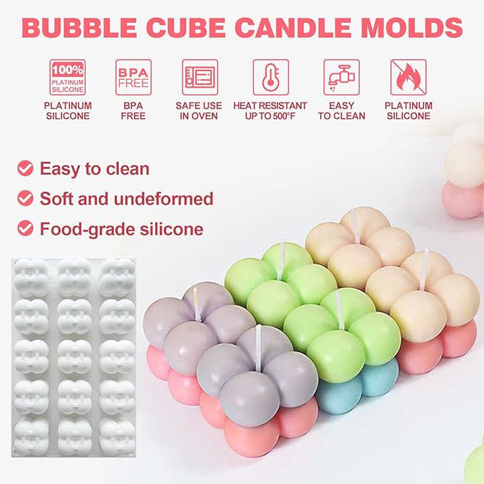 JDH 3D Bubble Candle Silicone Molds 15 Cavity Cube Silicone Candle Molds Soap Mold for Candle Making,Soap Making Bubble Cake Mold Baking Mousse Cake Dessert Jelly Ice Cream