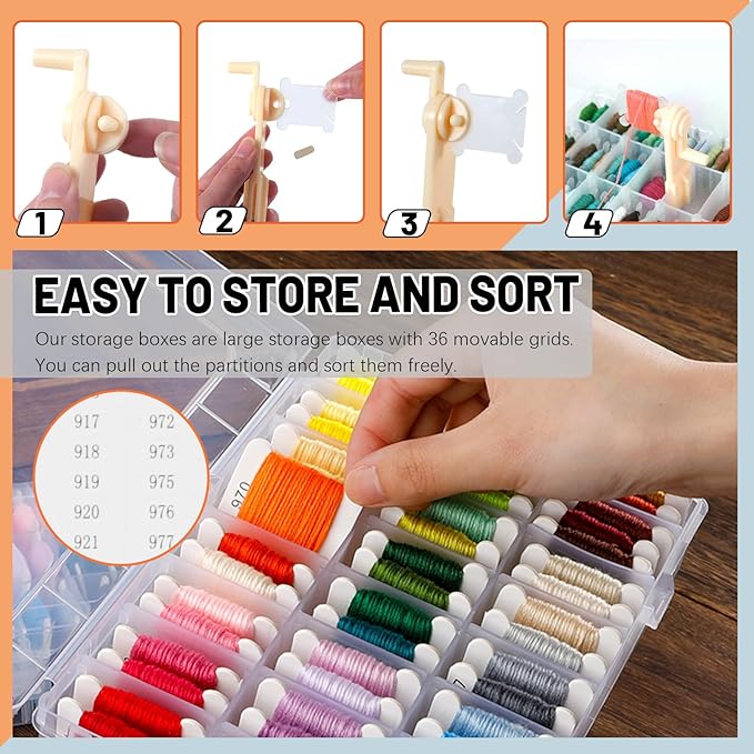 Tanstic 157Pcs Embroidery Floss Organizer Kit, Include 50 Color Embroidery Floss, Floss Bobbins, Bobbin Winder, Stickers, Needle Threader, Ruler, Scissor with 36 Compartments Jewelry Storage Box