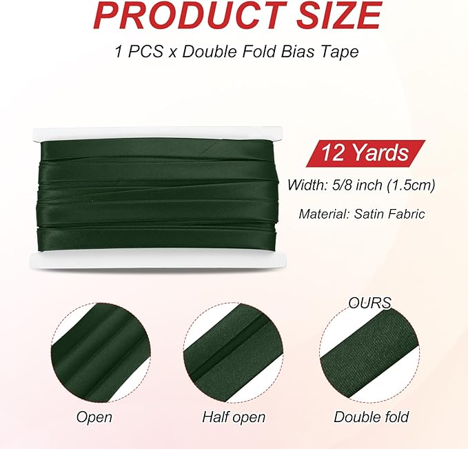 MECCANIXITY Double Fold Bias Tape for Sewing 5/8 Inch x 12 Yards Satin Pre-fold Continuous Binding Tape for Seaming Quilting Hemming Binding DIY Crafts, Deep Green
