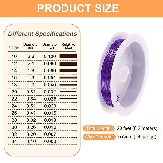 HARFINGTON 20ft Jewelry Wire, 24 Gauge (0.5mm) Brass Craft Soft Metal Tarnish Resistant Copper Beading Wire for Jewelry Making Supplies Crafting, Purple