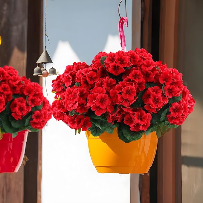Hananona 6 Pcs Artificial Geranium Flowers for Outdoors Geranium Silk Red Flower Outdoor UV Resistant Garden Plants Faux Flowers for Christmas Home Kitchen Table Centerpieces Decor (6, Red)