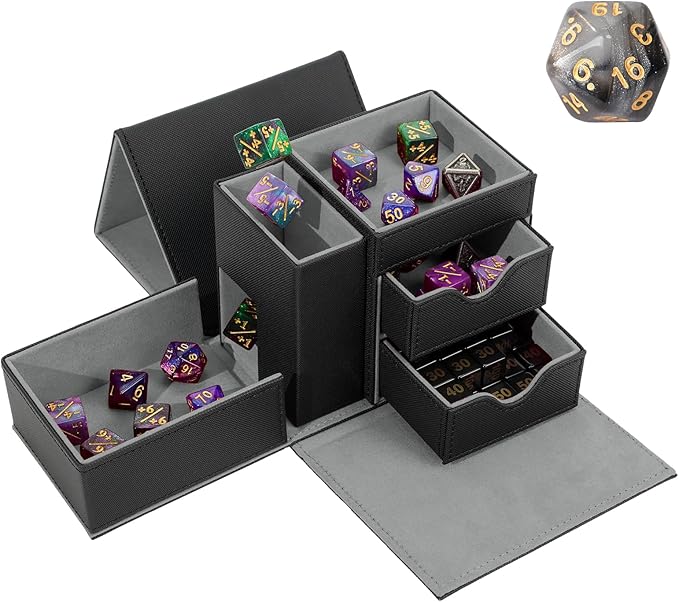 Dice Tray & Dice Tower Storage Box, 3 in 1 Dice Holder Case (Dice Rolling Tray, Dice Rolling Tower, Dice Storage Drawers), Leather Magnetic Closure DND Accessories Gifts for RPG MTG, Black/Grey