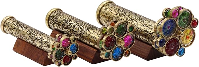 RII Handcrafted Etched Floral Pattern Lacquered Brass Kaleidoscope Includes Two Separate Turning Wheels-Unique Gift Ideas for Someone Special. (7"x1.25")