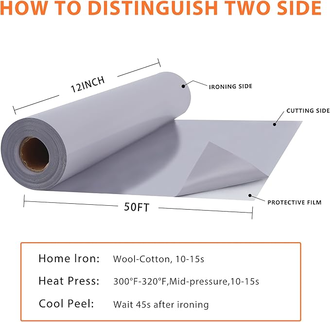 RENLITONG Grey Iron on Vinyl 12Inch by 50ft Roll HTV Heat Transfer Vinyl for T-Shirt HTV Rolls for All Cutter Machine - Easy to Cut & Weed for Heat Transfer Design